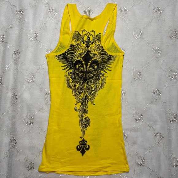 Vintage Y2K Zona Libra Yellow Rhinestone Fleur-de-Lis Wing Tank Top Size Large - Picture 5 of 5